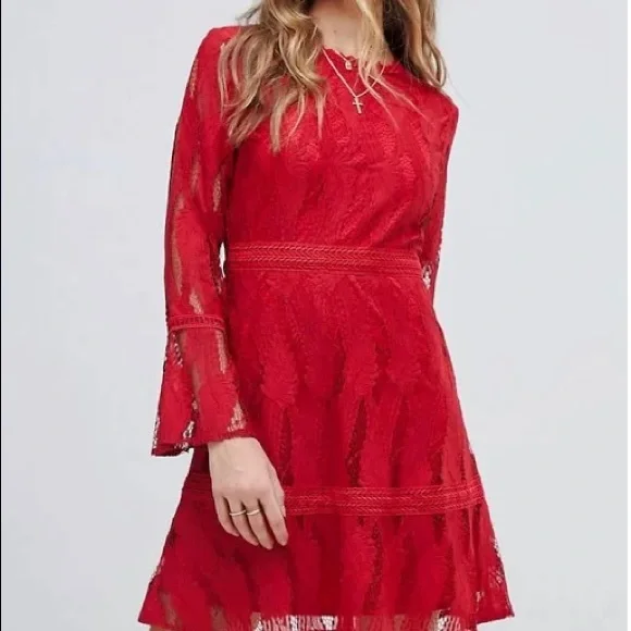 boohoo red lace dress boohoo Women's Lace Asymmetric Satin Slip Dress in Red